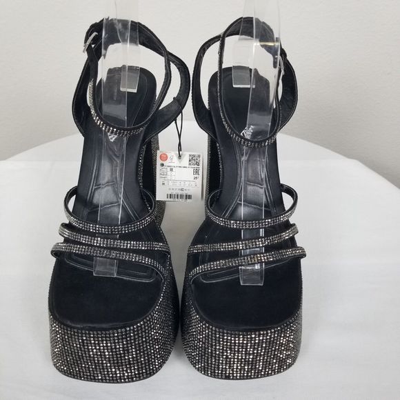 Zara Black Rhinestone Studded Platform Retro Y2K Strappy Blogger Fave Pumps Sz 8 - Picture 3 of 12